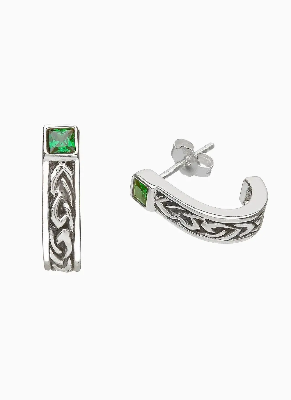 Sterling Silver Celtic Huggie Earrings with Green Cubic Zirconia