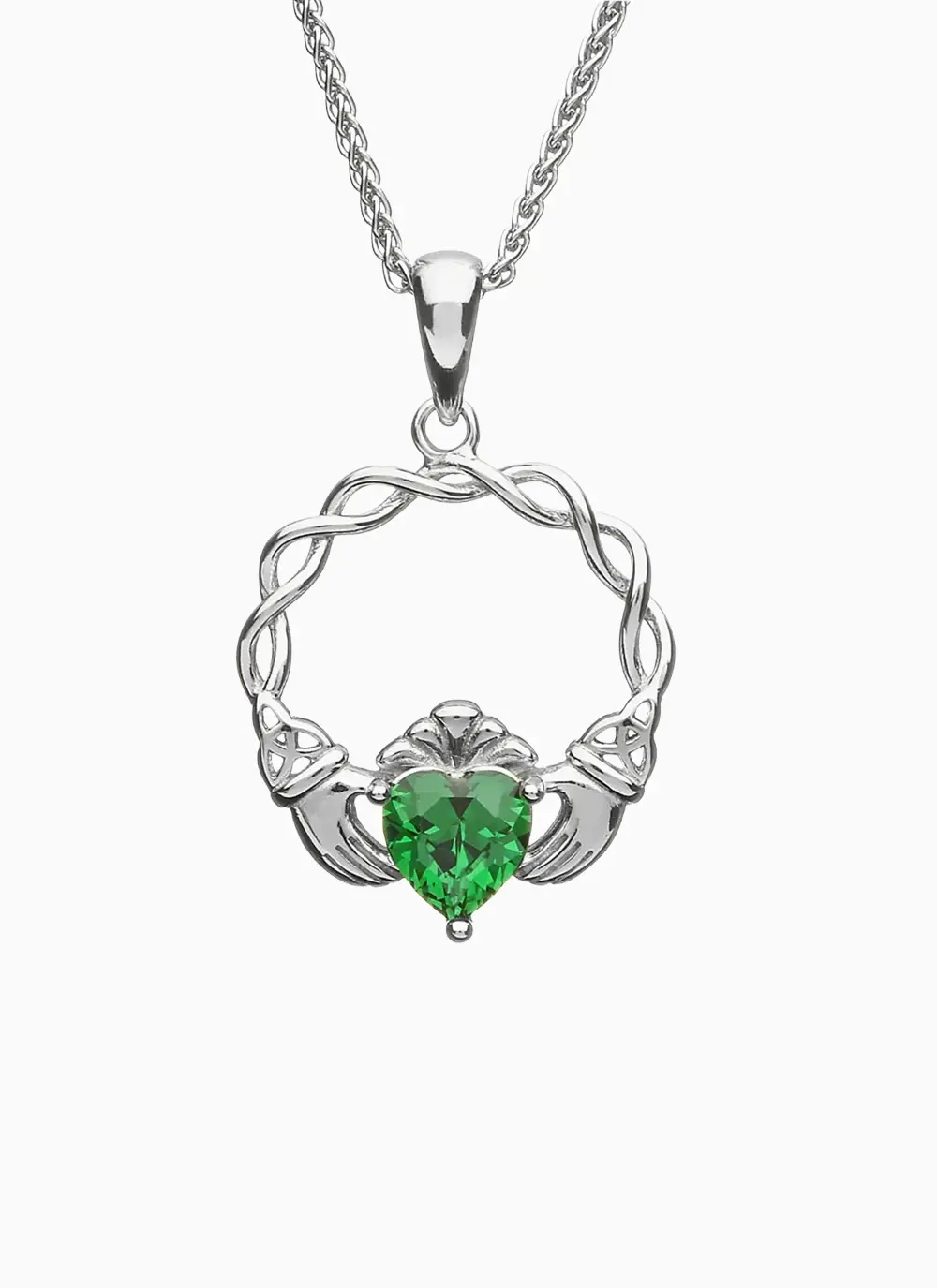 Sterling Silver Brilliant Green Cubic Zirconia Stone with a Claddagh Symbol Pendant