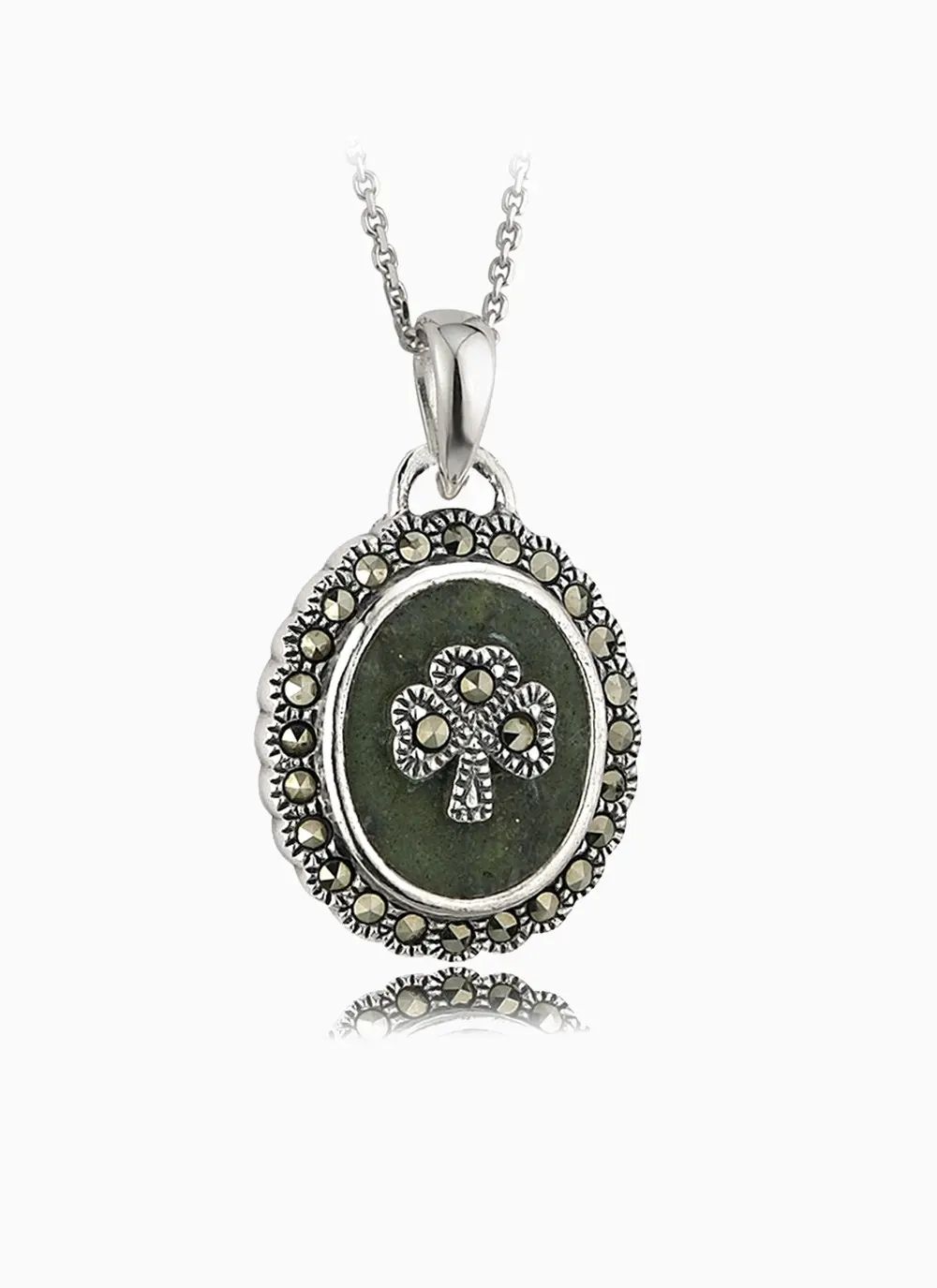 Classic Pale Bronze White Iron Marcasite Shamrock Pendant with Silver Chain