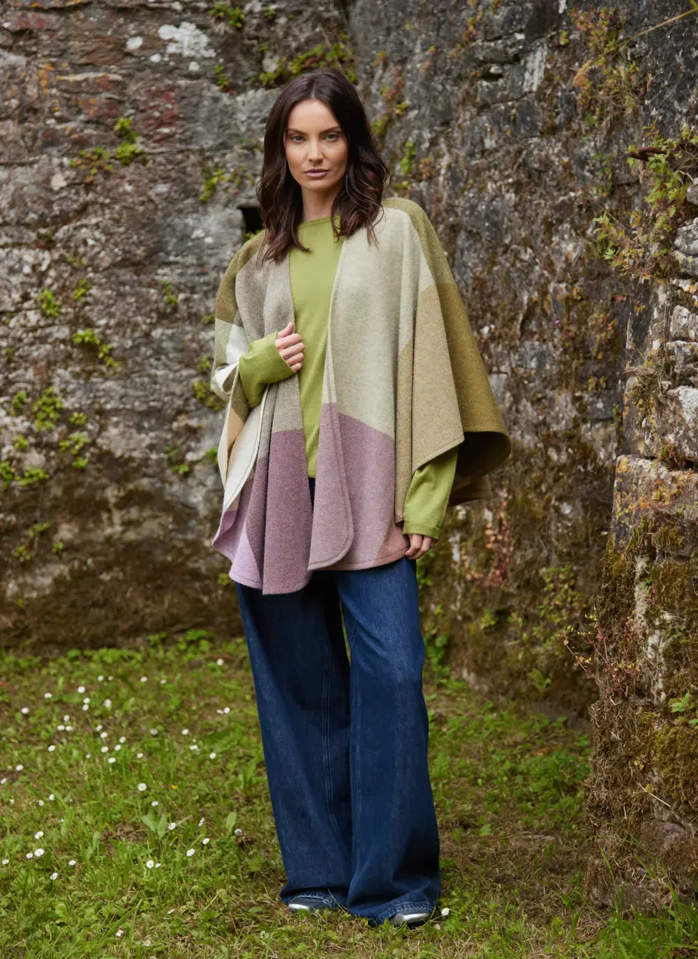 Sue Lambswool Cape in Green Pink Check