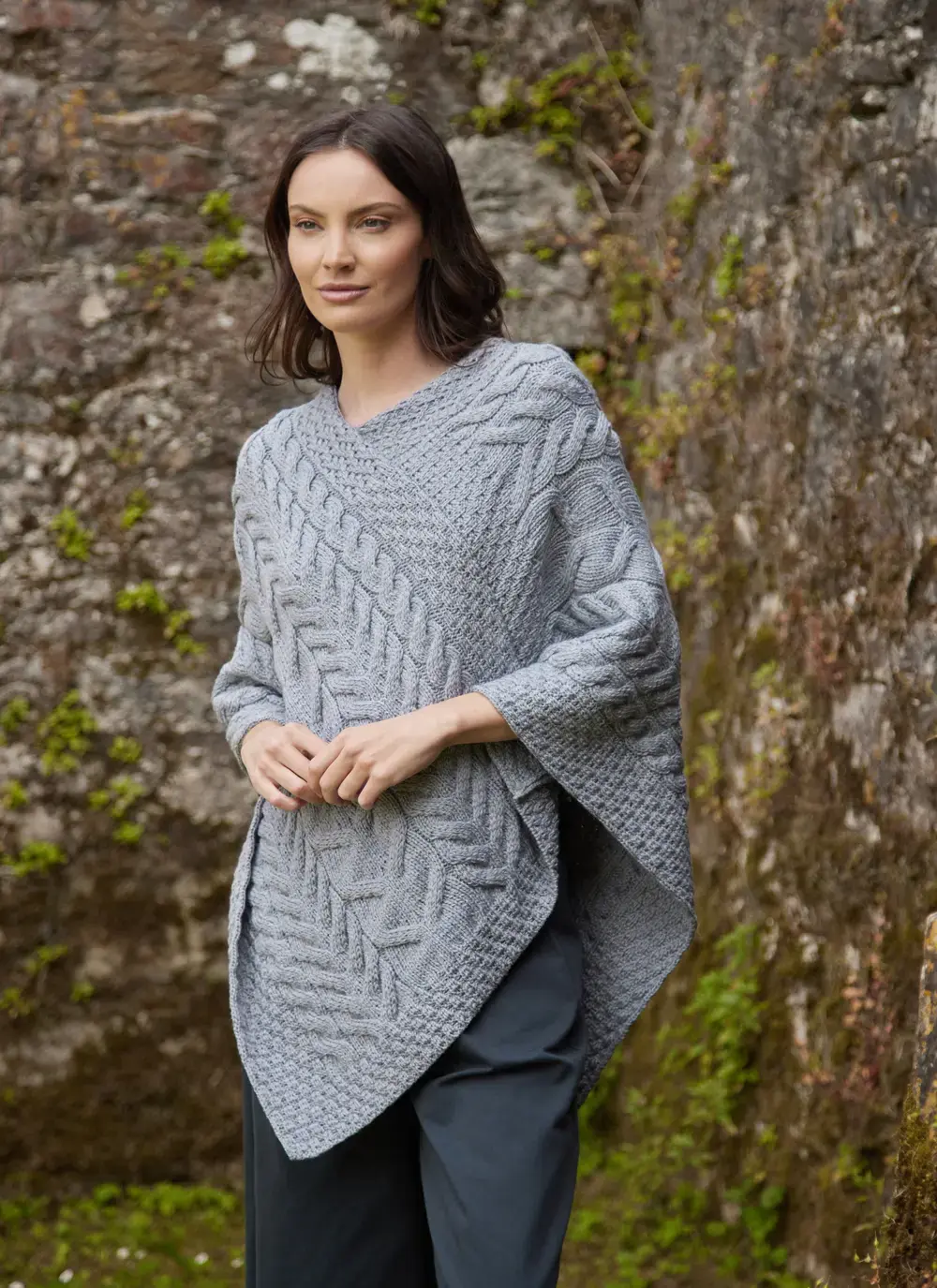 Supersoft Merino Wool Cable Poncho in Ocean Grey