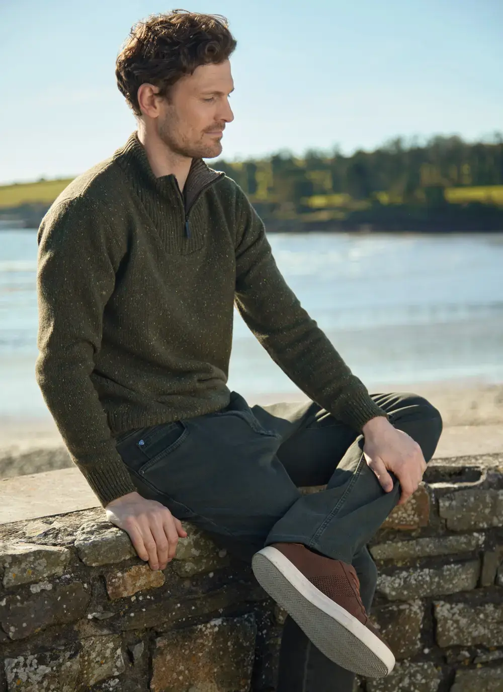 Tullow Contrast Half Zip Sweater in Loden Green