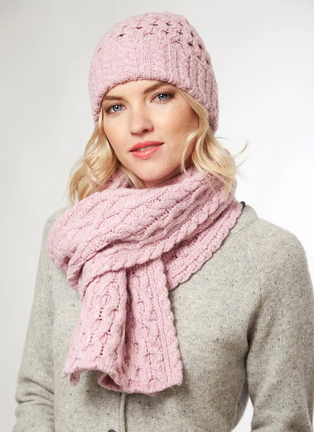 Wool Cashmere Cable Hat & Scarf Set - Pink Blush