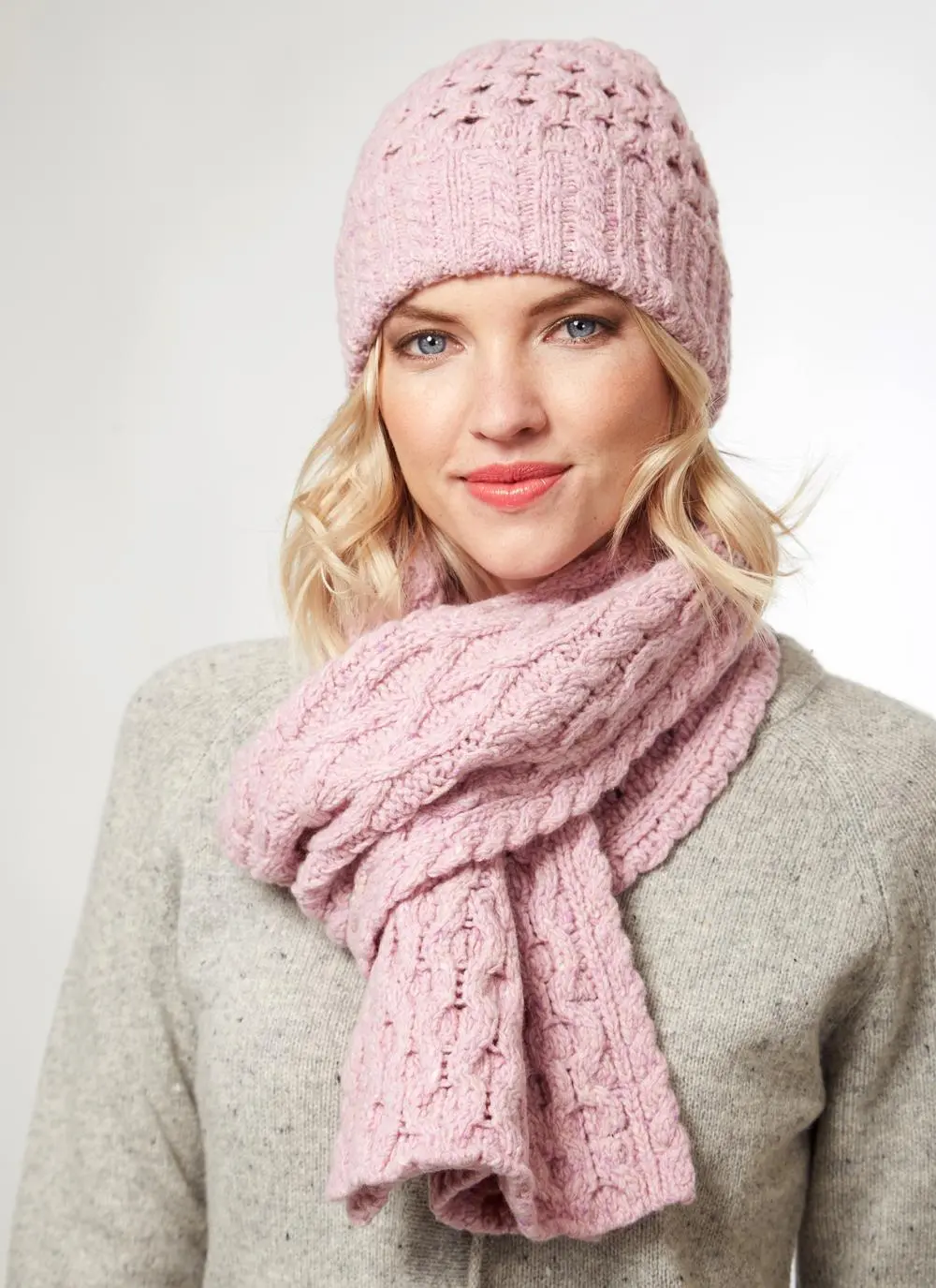 Wool Cashmere Cable Hat & Scarf Set Pink Blush | Blarney
