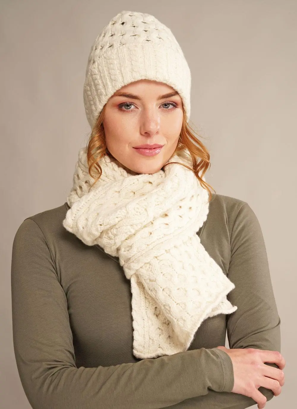 Wool Cashmere Cable Hat & Scarf Set - Natural