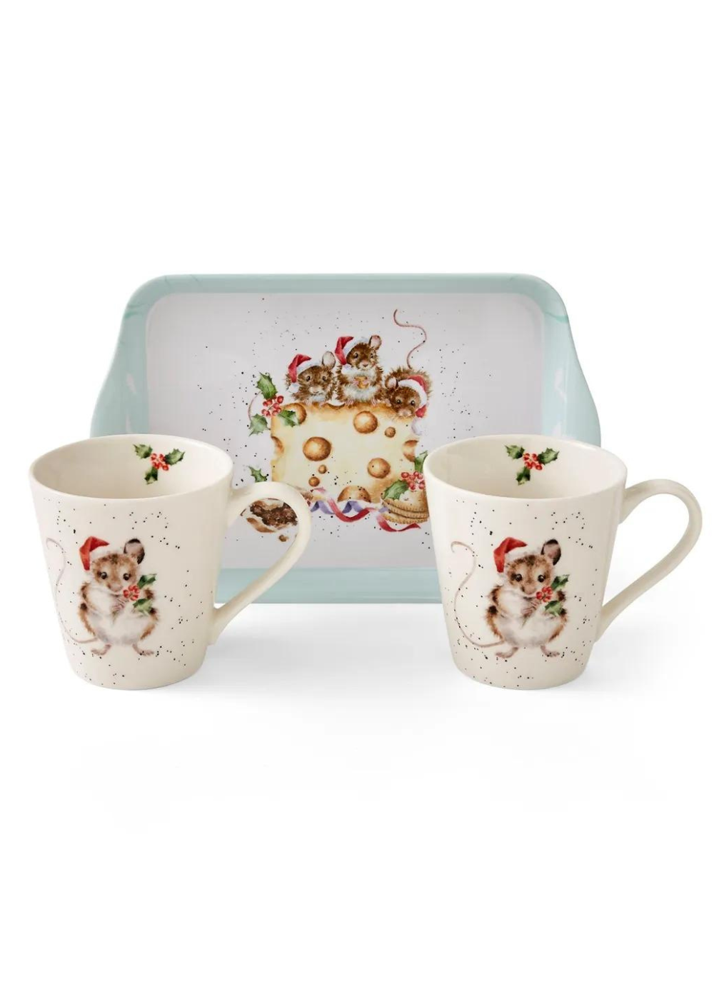 2 mugs and a tray xmas set, depicting mice on a block of cheese