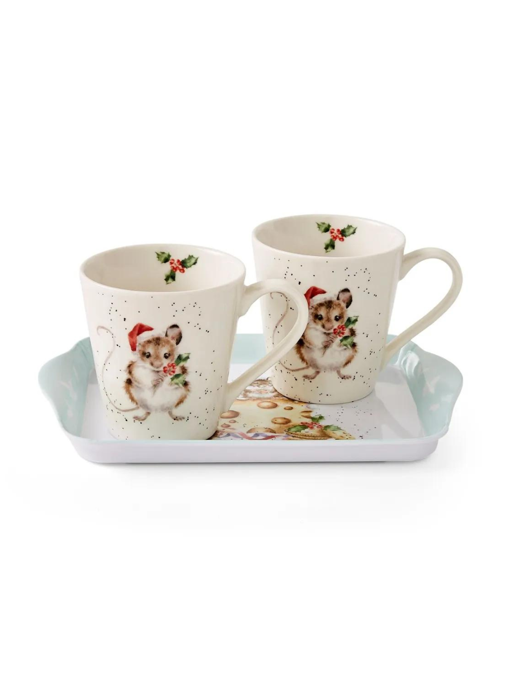 2 mugs and a tray xmas set, depicting mice on a block of cheese