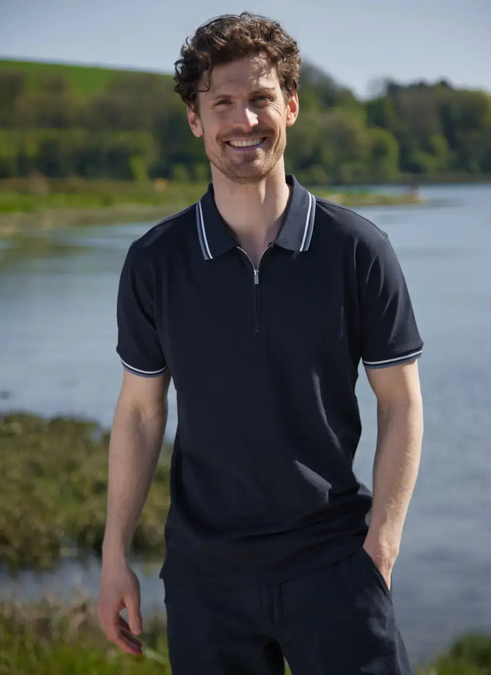 Zip Neck Cotton Polo Shirt in Navy