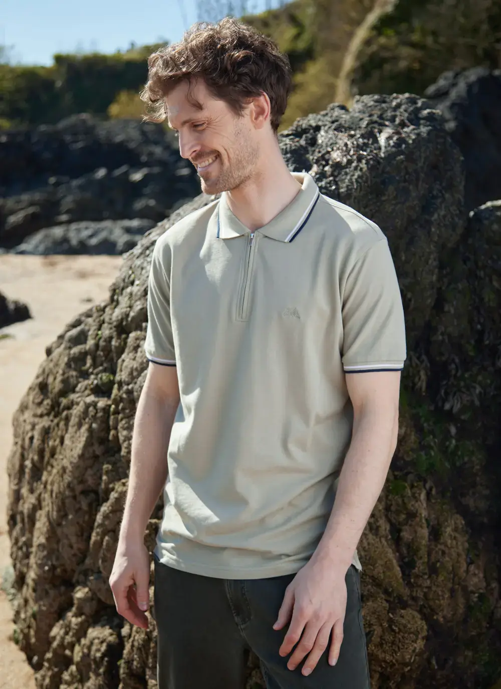 Zip Neck Cotton Polo Shirt in Olive