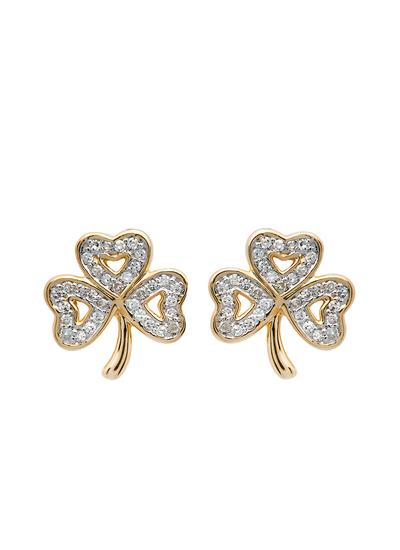 9ct Gold Lucky Shamrock Sparkling Zirconia Stud Earrings 