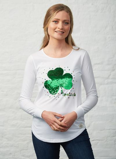 Ladies Shamrock Sequin Long Sleeve T 