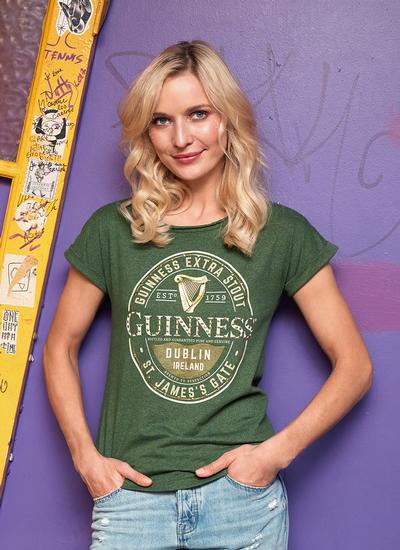 Ladies Guinness Label Moss Green Stud T 