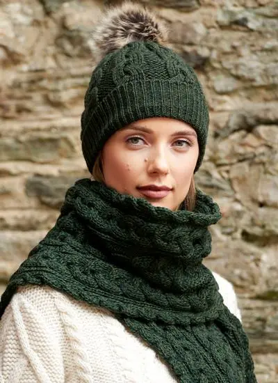 Cable Knit Pom Pom Hat in Army Green | Blarney
