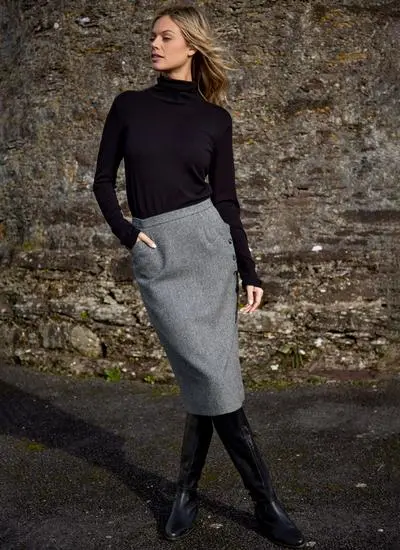 Skellig Button Detail Skirt in Black & White Herringbone | Blarney