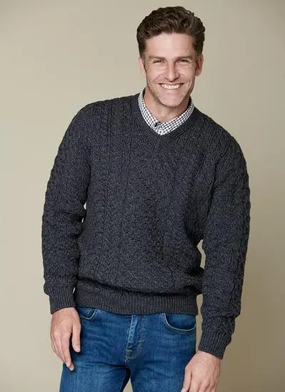 Men's V-Neck Aran Sweater | Blarney