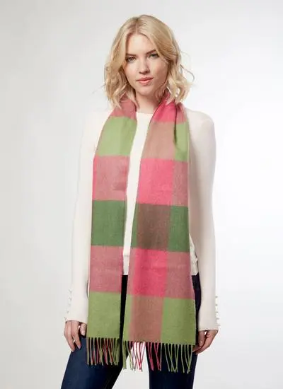Extra Fine Merino Wool Fringed Check Scarf in Pink & Green | Blarney