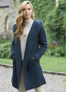 Aran Cable Knit Long Hooded Cardigan in Mallard Blue | Blarney