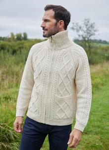 Men's Full Zip Aran Sweater in Natural 