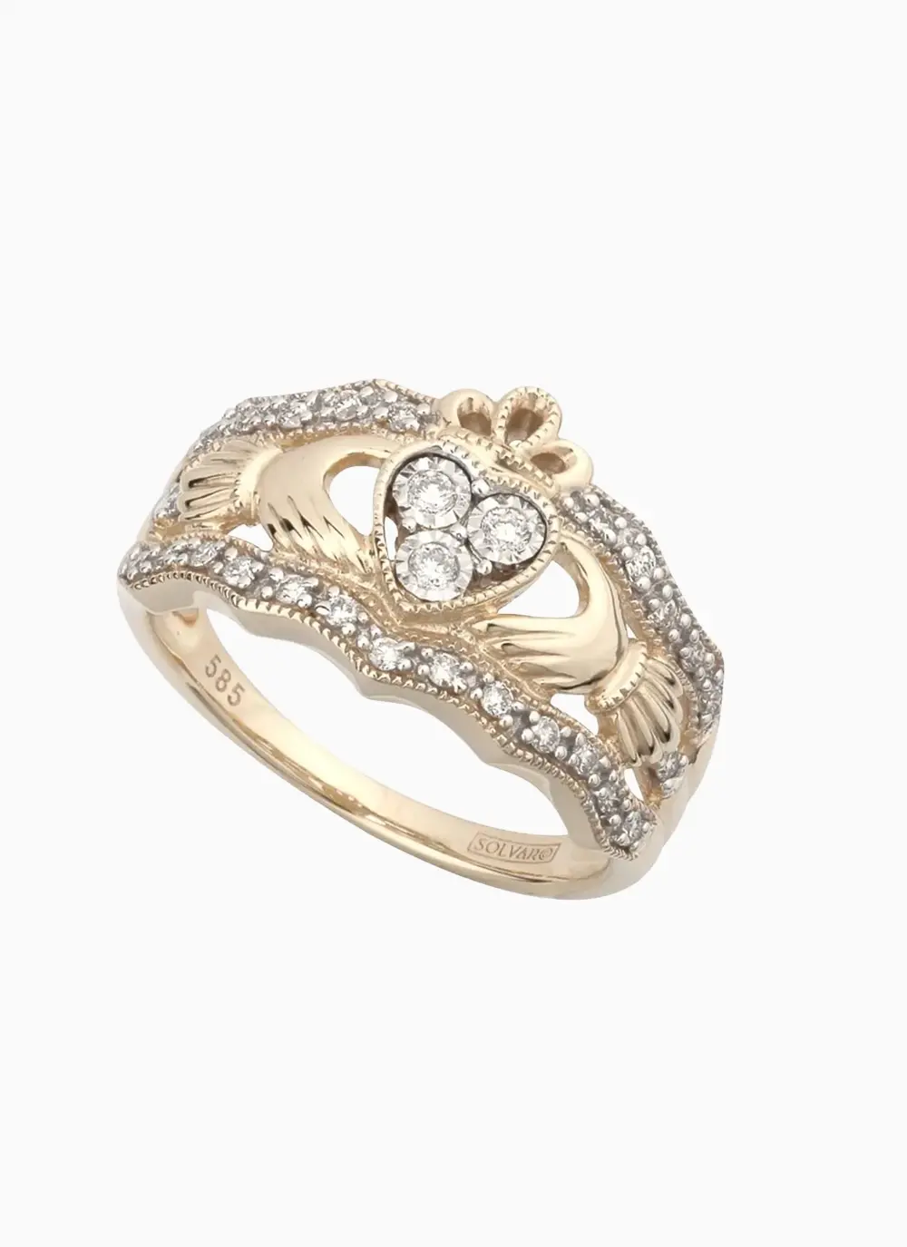 One of a Kindd 14ct Gold Diamond Triple Claddagh Engagement Ring Wedding Band
