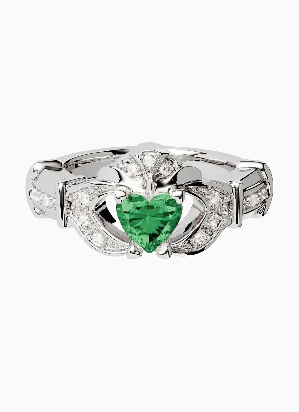 14k white gold unique Irish claddagh engagement ring with emerald and diamond