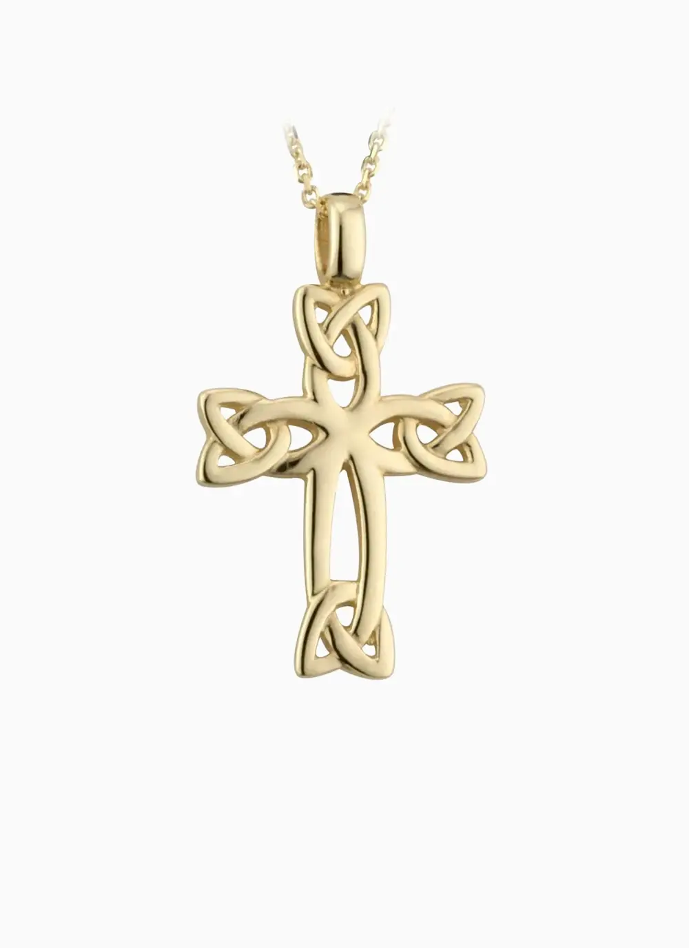Grey background cut out shot of 14ct Gold Celtic Cross Trinity Knot Pendant