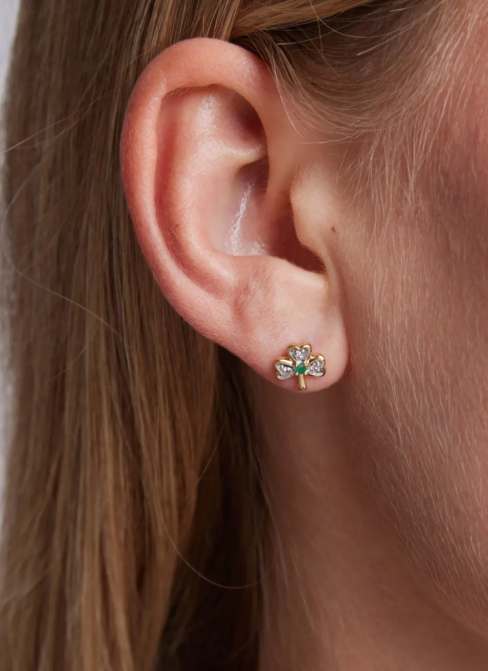 14ct Gold Diamond & Emerald Shamrock Stud Earrings