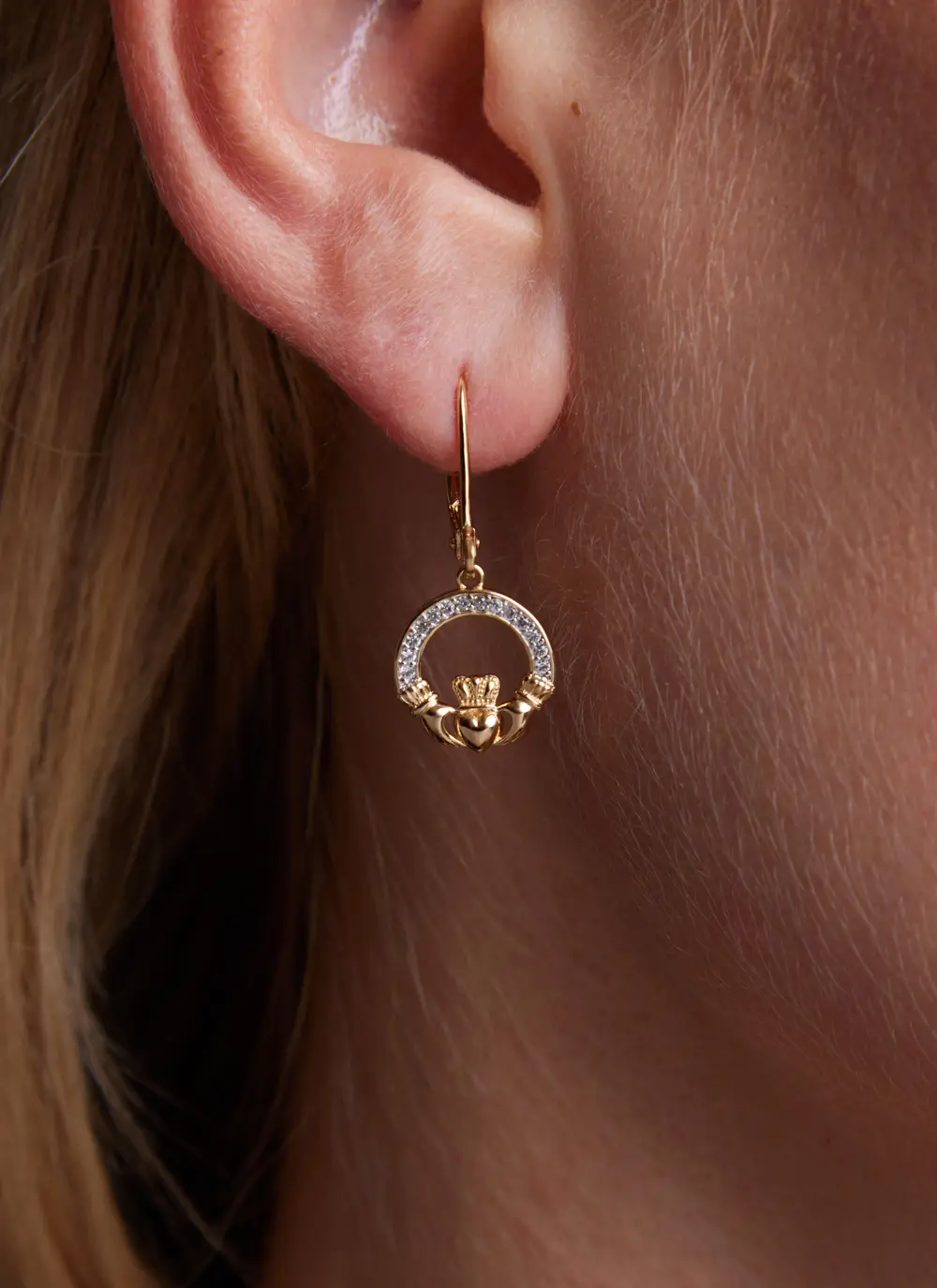 14ct Gold Vermeil Claddagh Drop Earrings with Cubic Zirconia