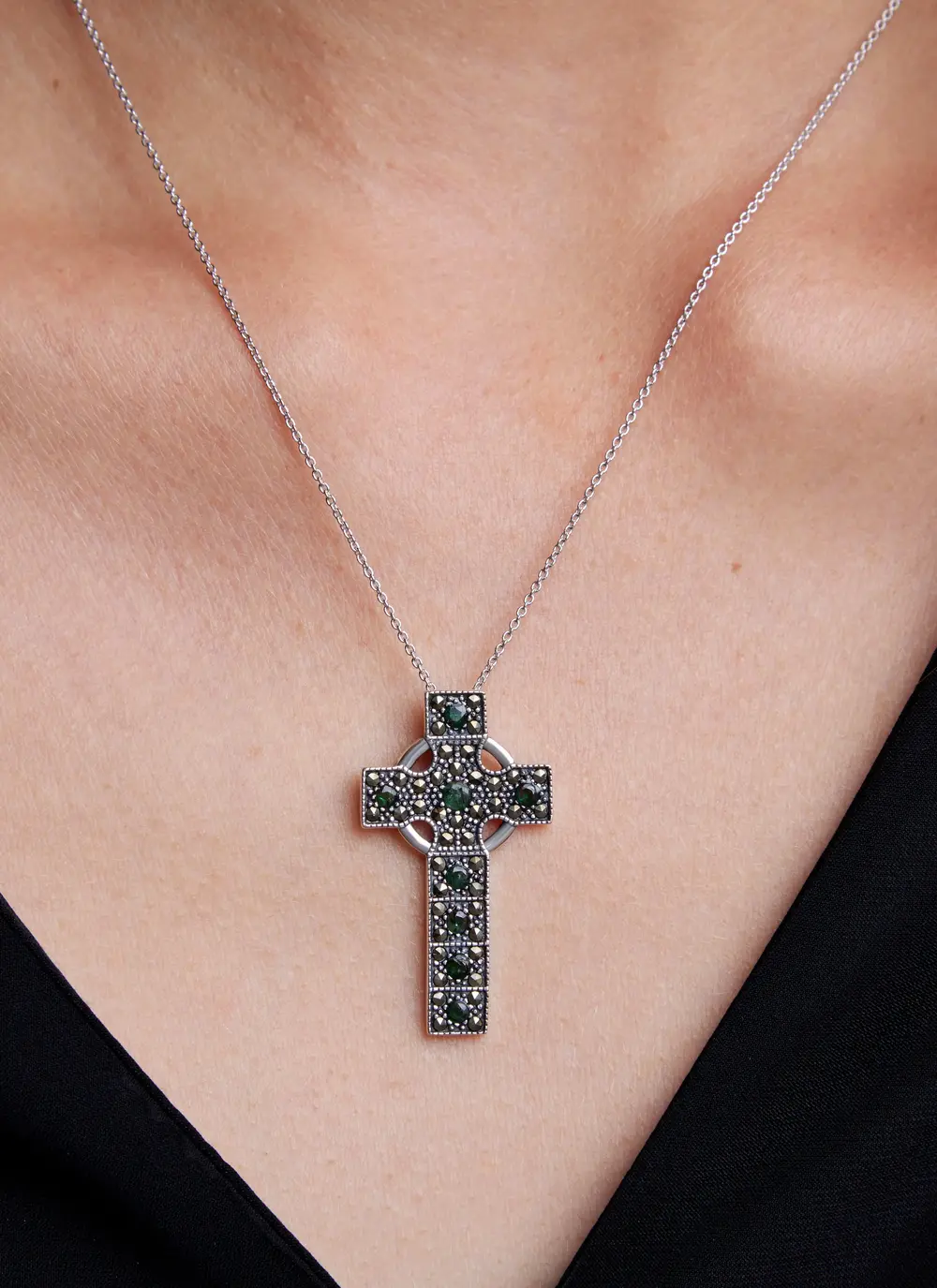 Sterling Silver & Marcasite High Cross Pendant with Green Cubic Zirconia