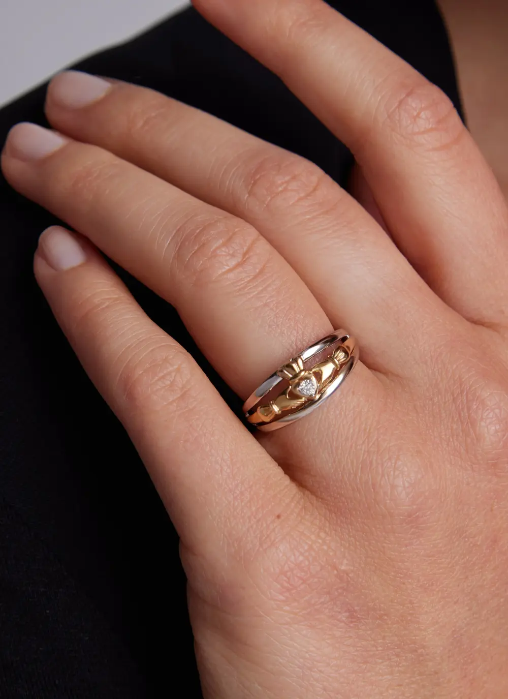 10ct Gold & Sterling Silver Diamond Triple Claddagh Ring