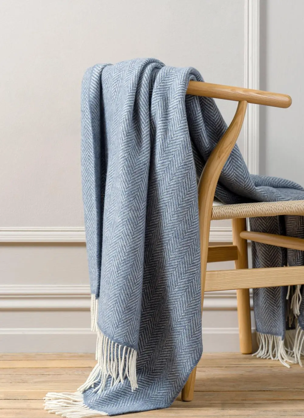 Blue Herringbone Wool Cashmere Throw