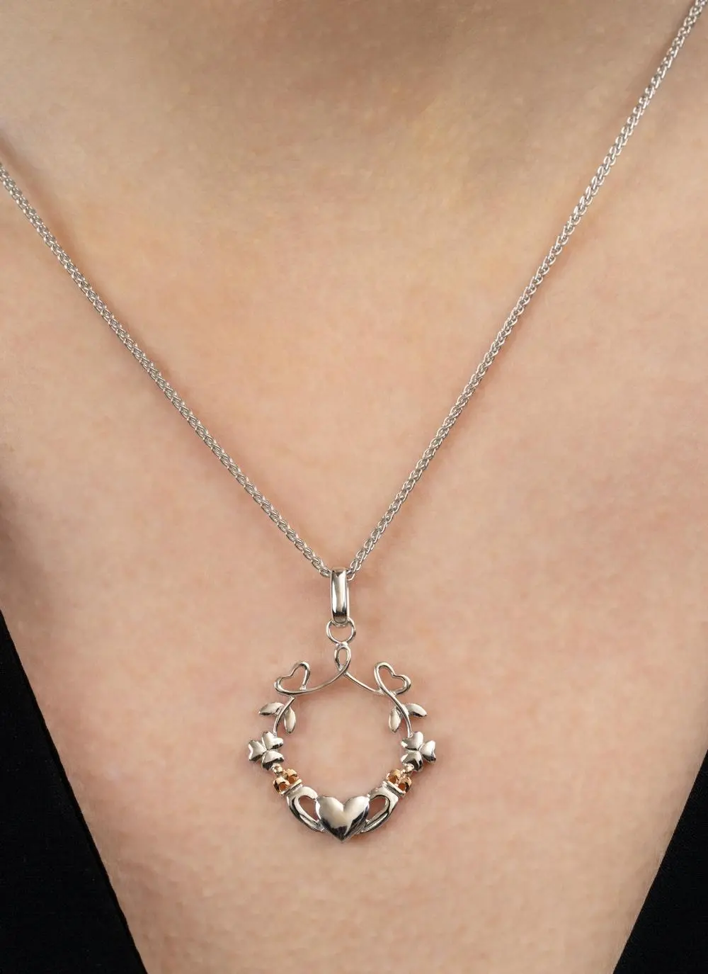 Sterling Silver Shamrock Claddagh Heart Pendant