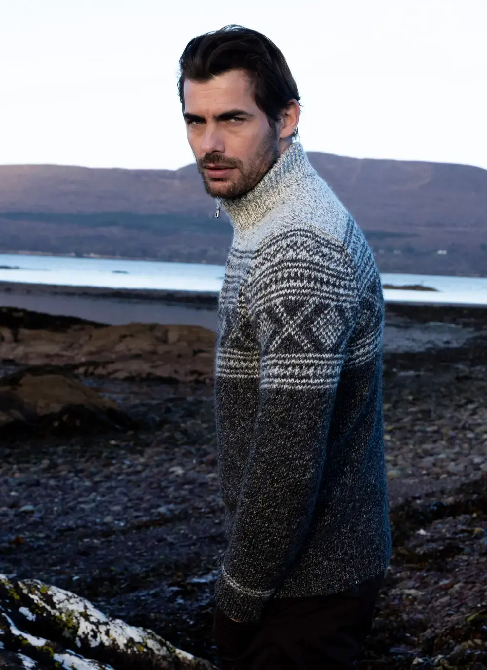 Fisherman Zip Neck Sweater With Jacquard Pattern