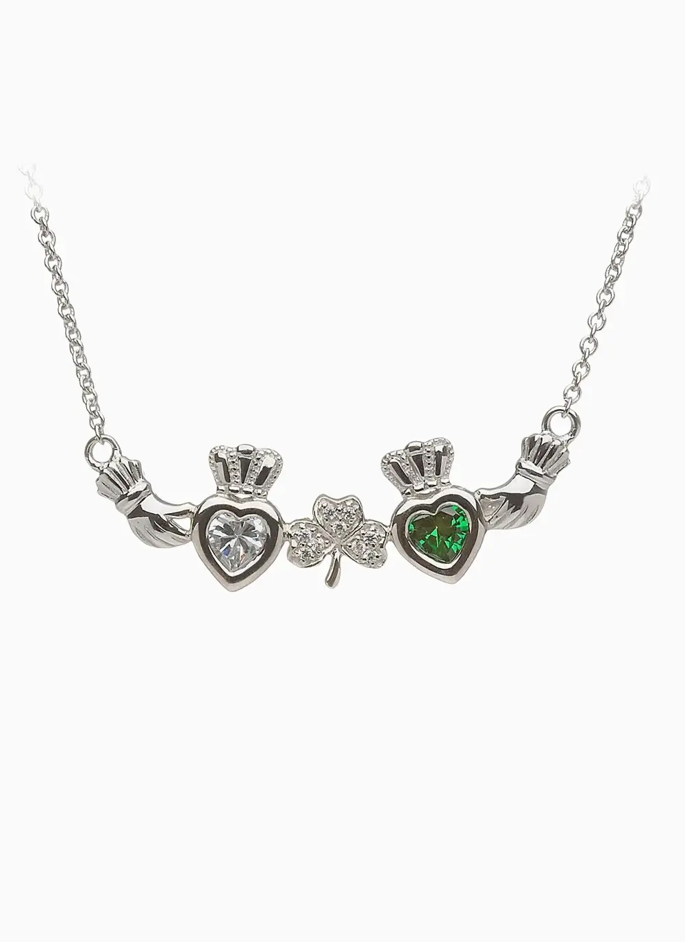 Family Birthstone Claddagh Themed Pendant with Shamrock 2 Charms
