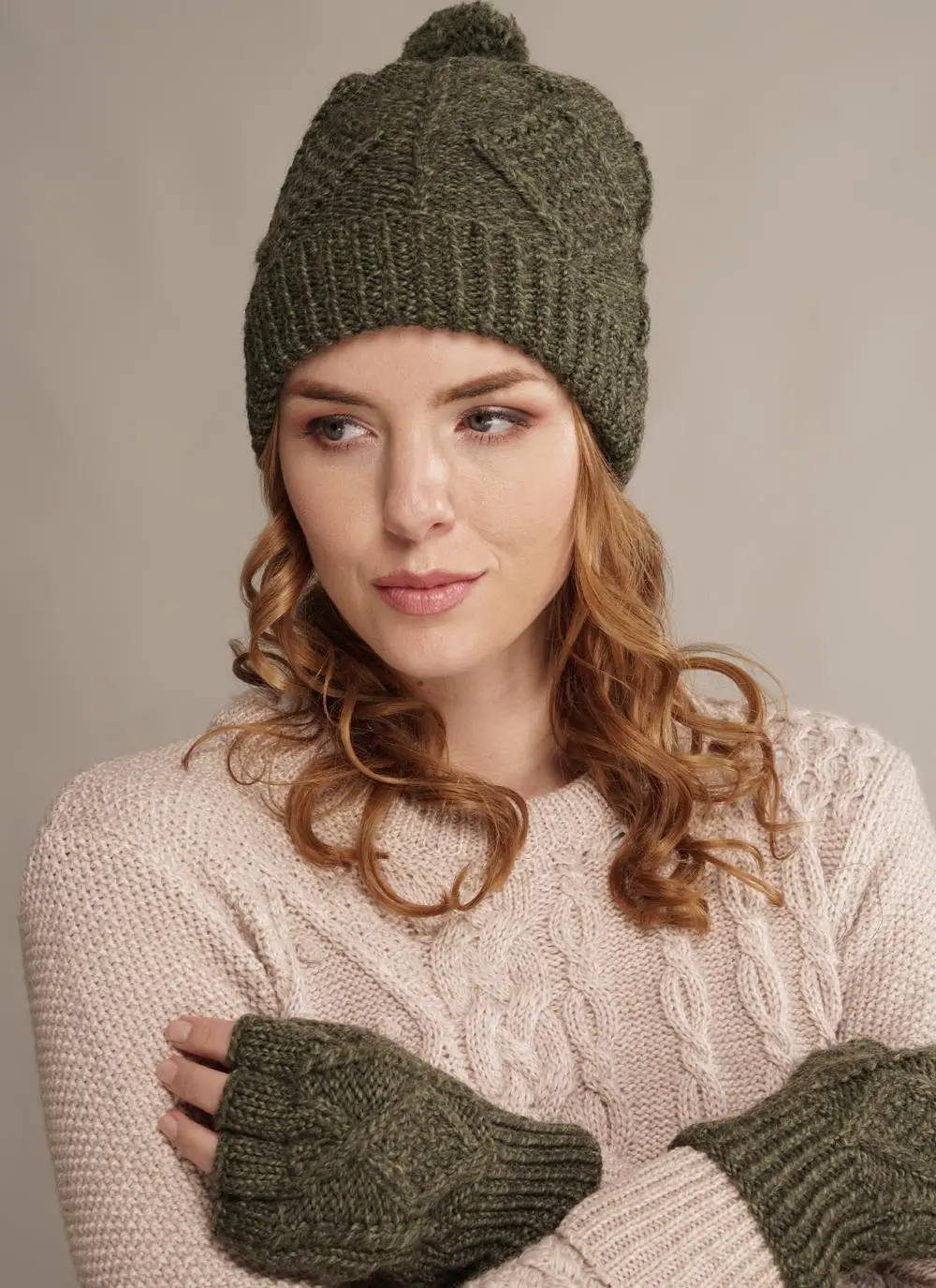 Unisex Hand-Knit Aran Pom Pom Beanie