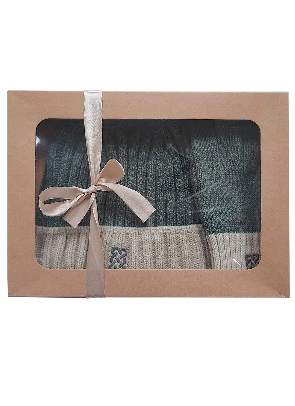Sustainable Hat & Gloves Gift Set in Green & Cream Melange