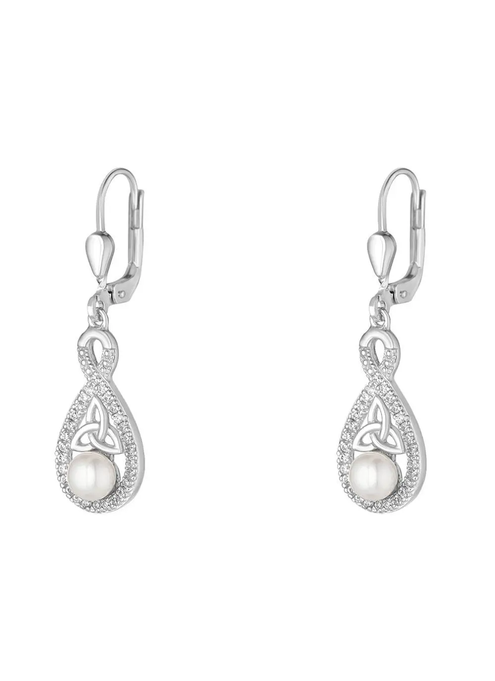 Sterling Silver Pearl & Crystal Trinity Knot Drop Earrings