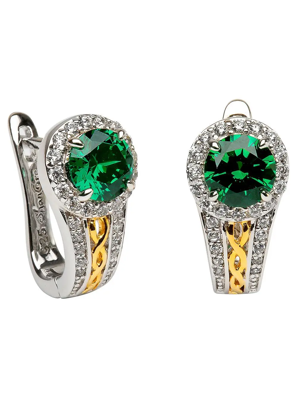 White background cut out image of Sterling Silver Celtic Knot Halo Earrings with Green Cubic Zirconia