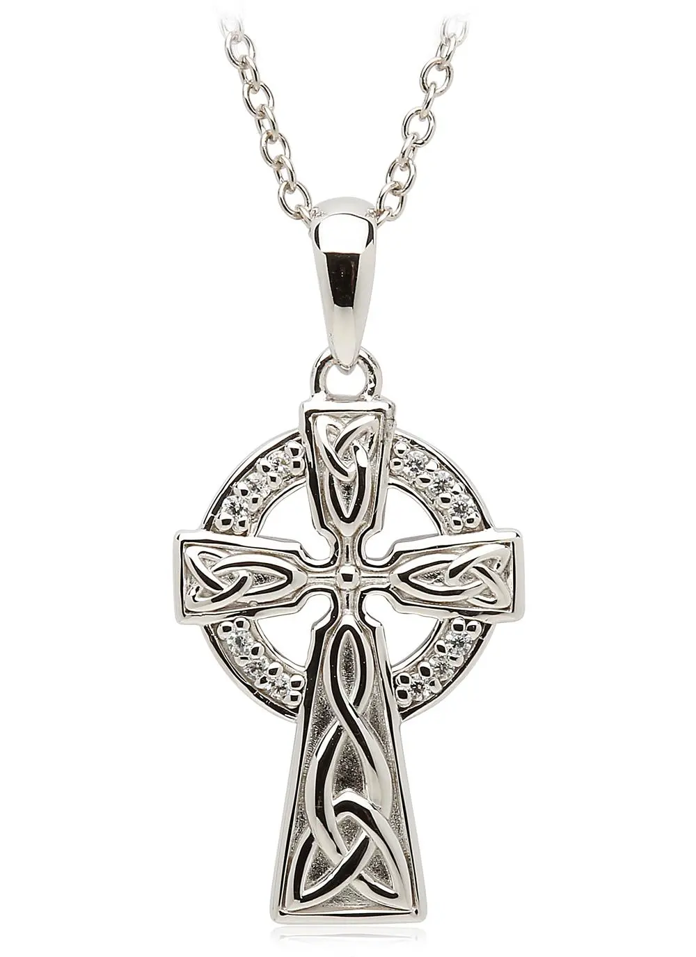 White background cut out shot of Sterling Silver Celtic Stone Trinity Knot Sterling Silver Cross