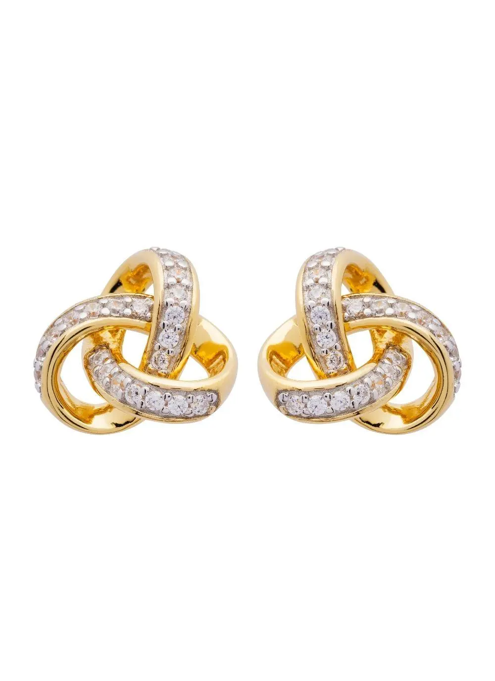 White background cut out shot of 14ct Gold Vermeil Trinity Knot Stud Earrings with Cubic Zirconia