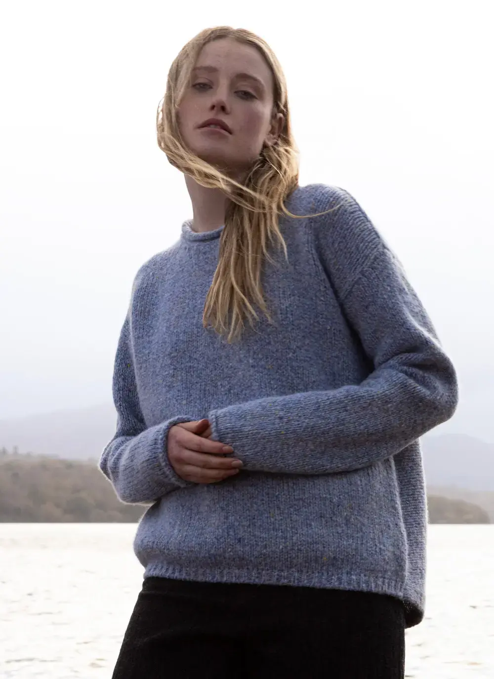 Fisherman Alpaca Roll Neck Sweater in Cornflower