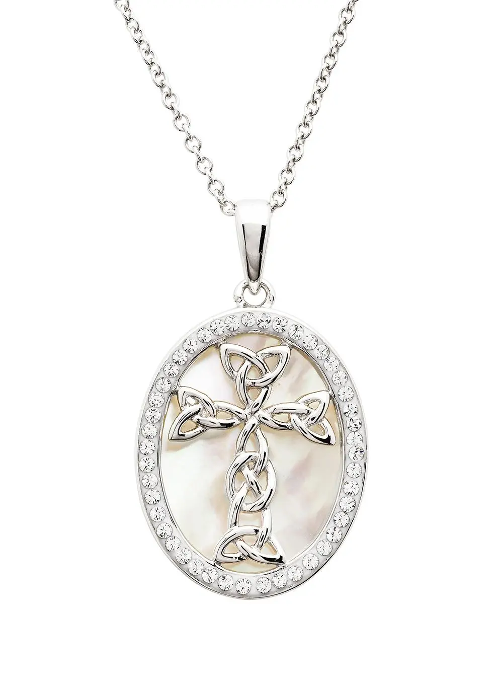 White background cut out shot of Sterling Silver Mother of Pearl Celtic Cross Medallion Pendant with White Crystals 