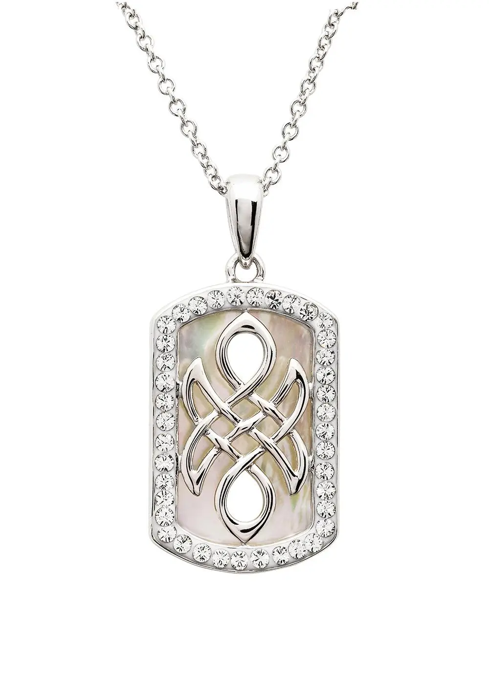  Sterling Silver Mother of Pearl Celtic Knot Medallion Pendant with White Crystals