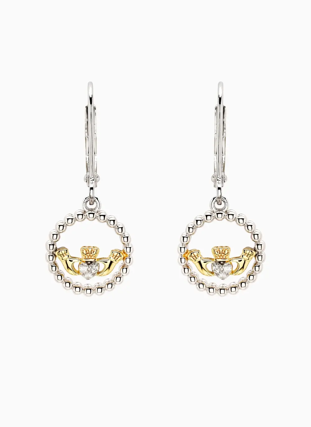 Sterling Silver Claddagh Drop Earrings with Gold Accent and Cubic Zirconia Lab Diamond