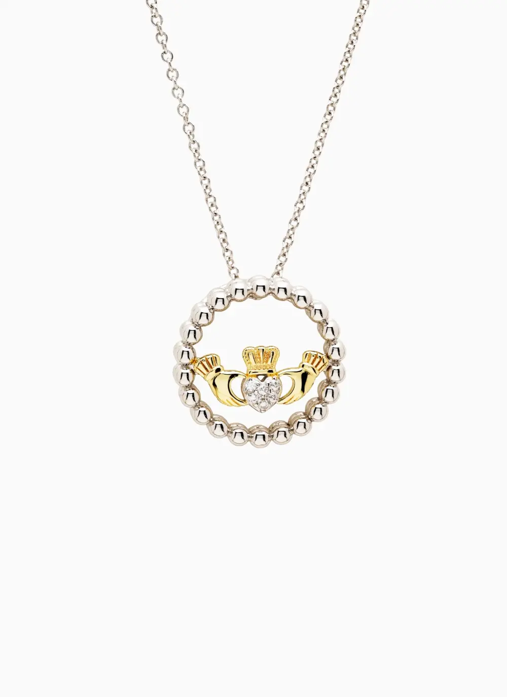 Sterling Silver Claddagh Pendant with Gold Accent and Cubic Zirconia Lab Diamond