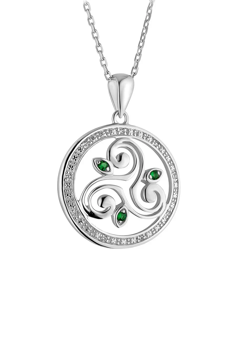 White background cut out shot of Sterling Silver Crystal Triskele Circle Pendant