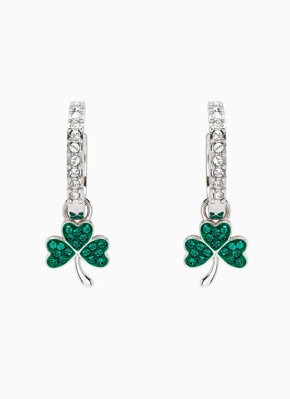 Sterling Silver Shamrock Drop Earrings With Sparkling Green Crystals and Clear Crystal Rings