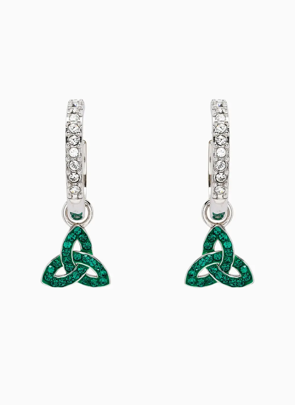 Sterling Silver Trinity Knot Drop Earrings With Sparkling Green Crystals and Clear Crystal Rings