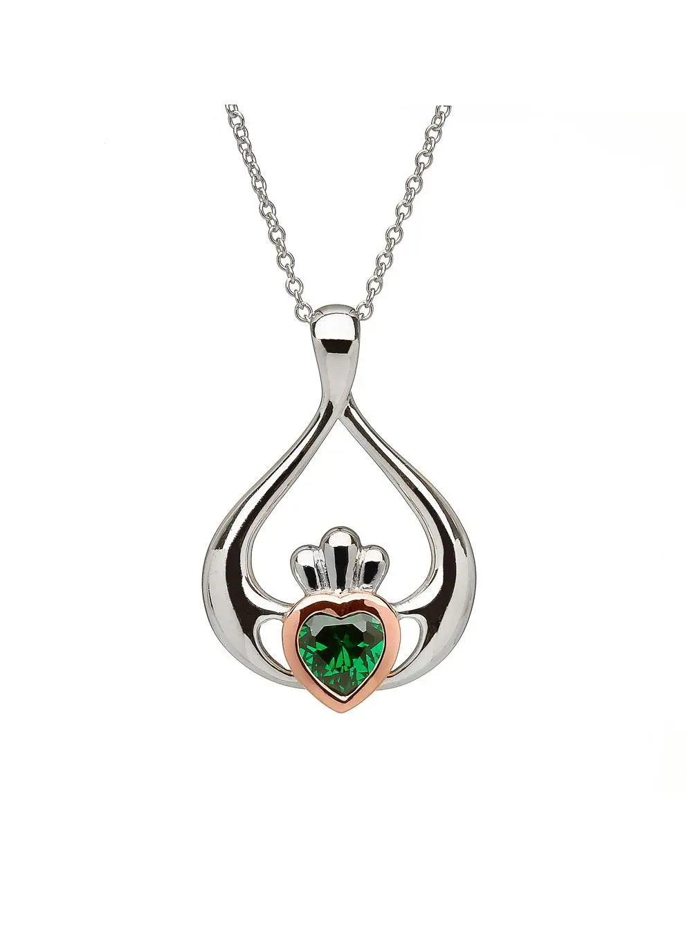 Sterling Silver Rare Irish Rose Gold Claddagh Pendant with Green Cubic Zirconia