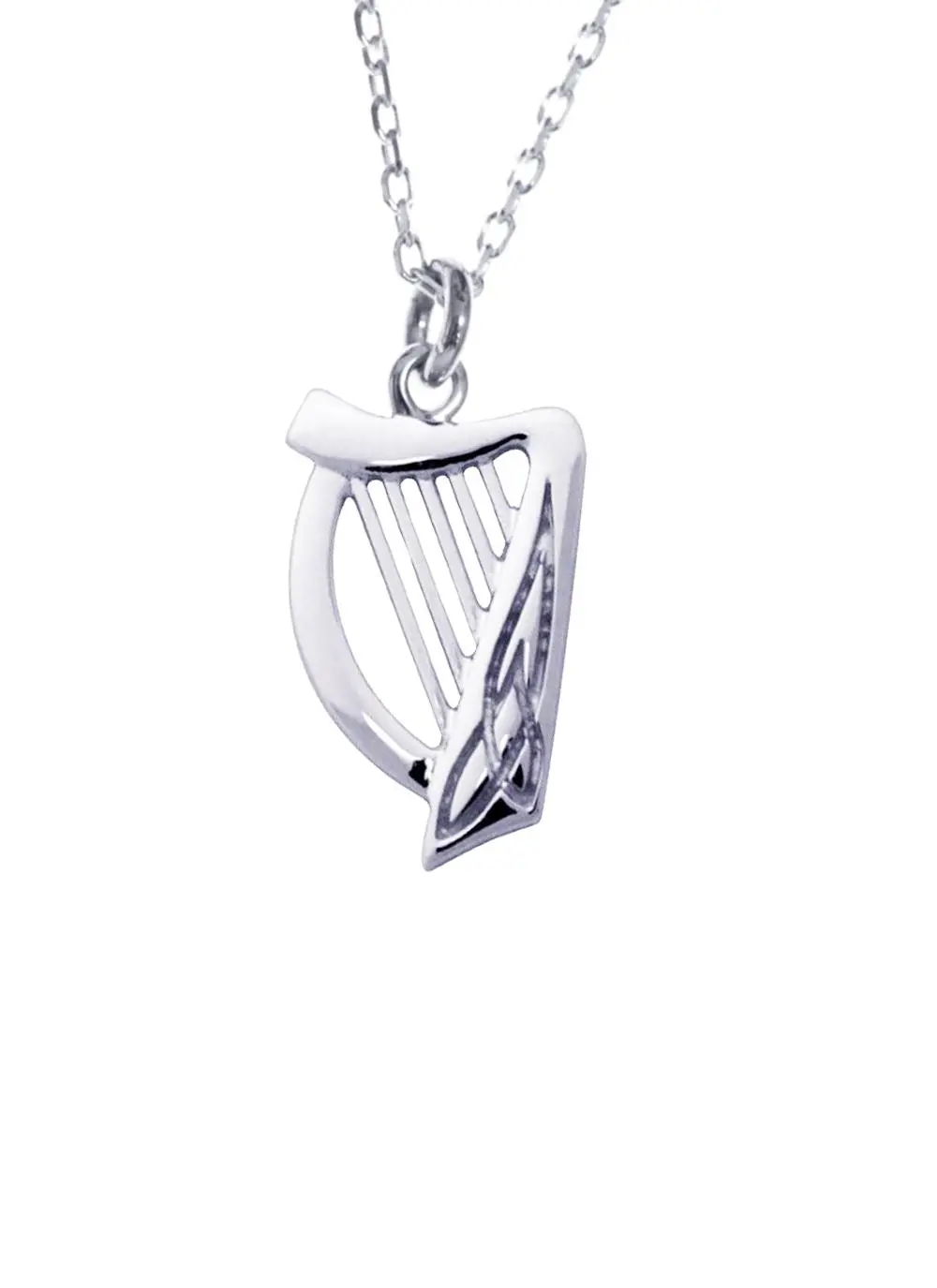 White background cut out shot of Sterling Silver Irish Harp Pendant