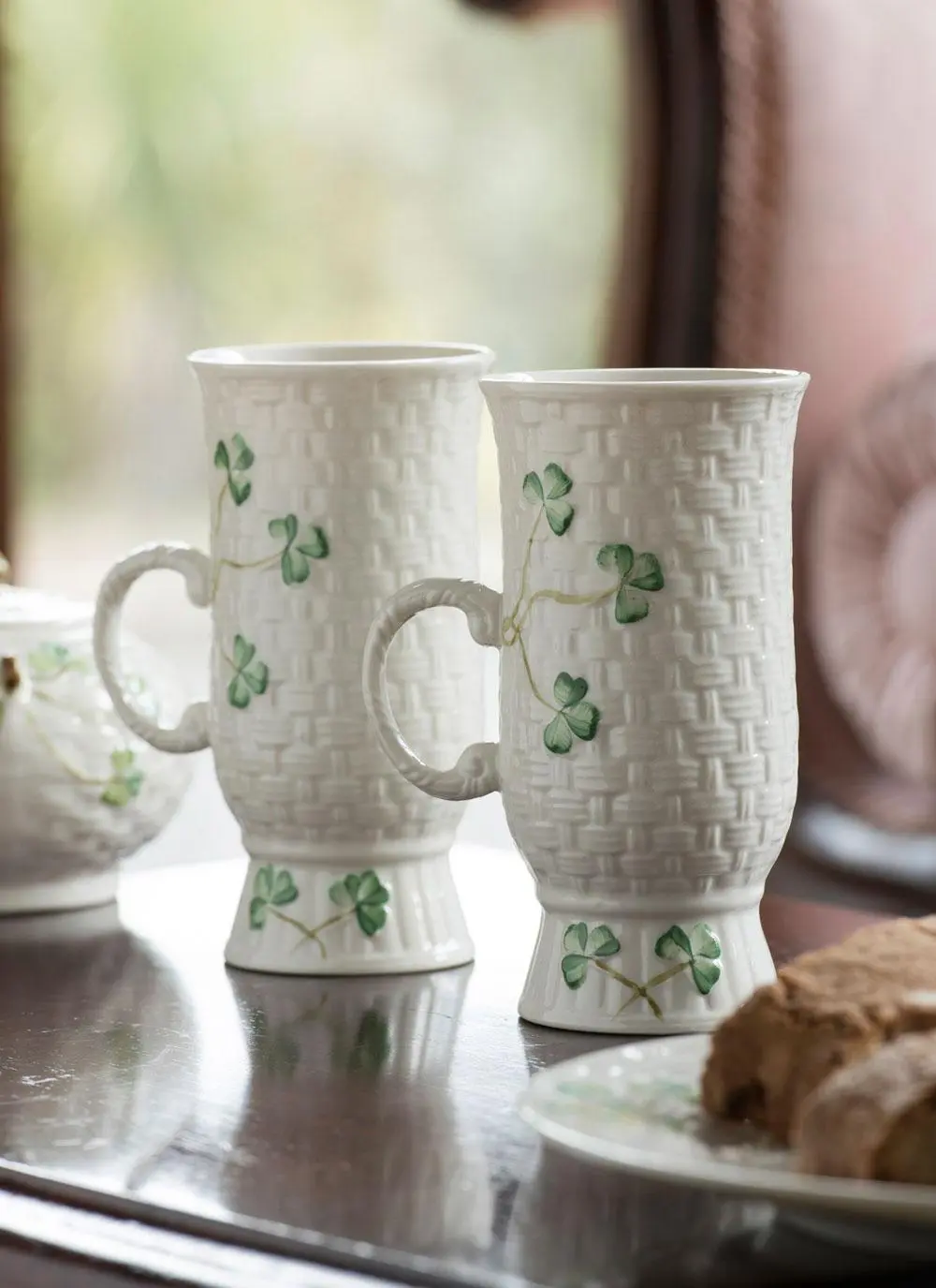 Belleek Shamrock Irish Coffee Mugs Pair